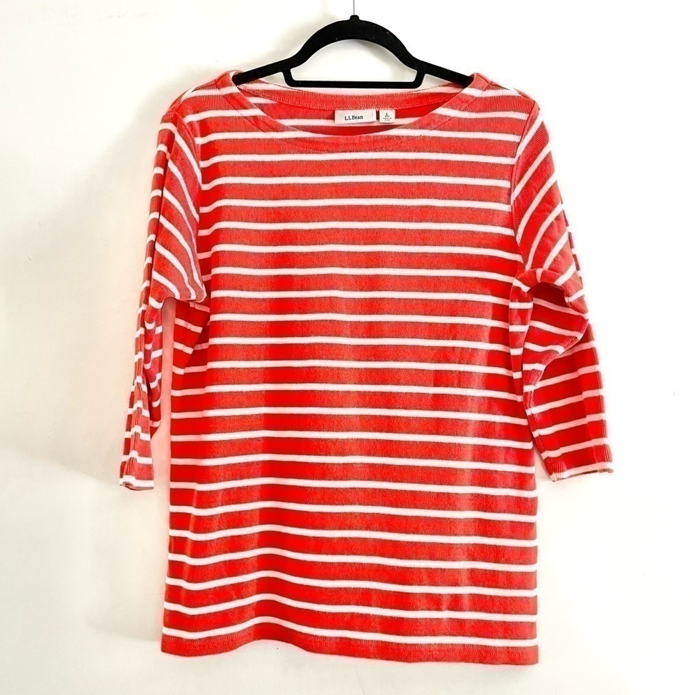 L.L. Bean Pullover Sweater L Thick Knit Striped Orange White 3/4 Sleeves Cotton
